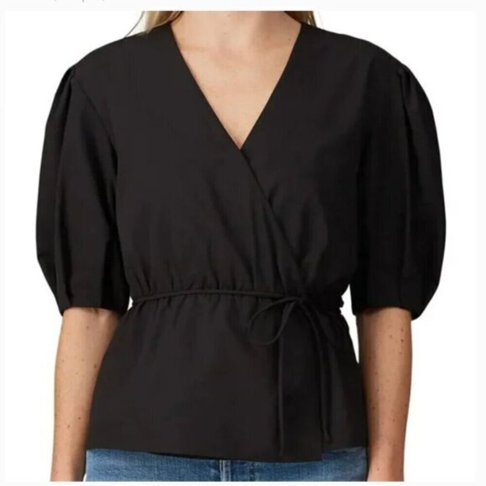 Rebecca Minkoff Mary Black Wrap Blouse Puff Sleeve V Neck Date Night‎ Blouse